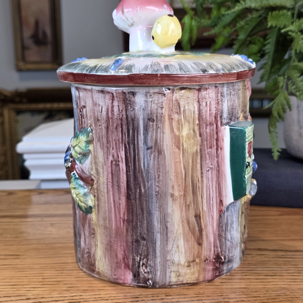 Vintage Cookie House Jar Mushroom Lid Blue Birds Kitsch Metlox Poppytrail - Picture 10 of 16